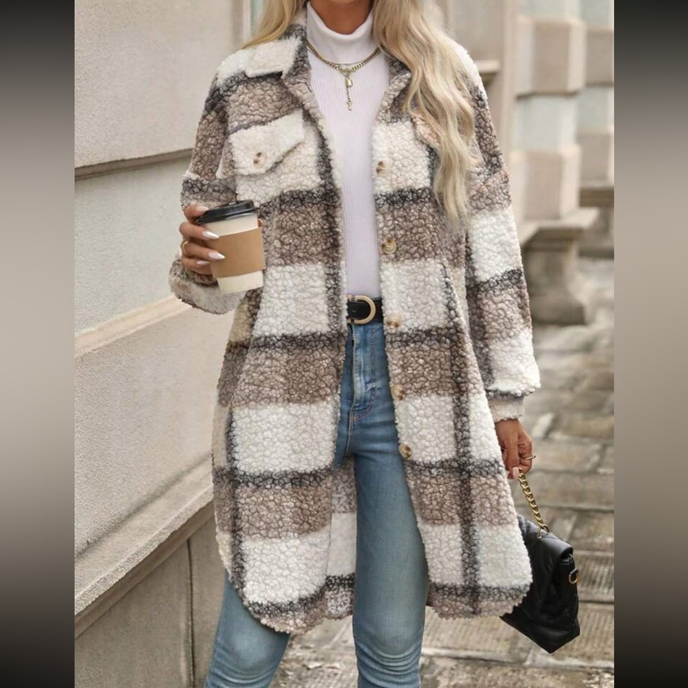 Boho plaid button down teddy jacket